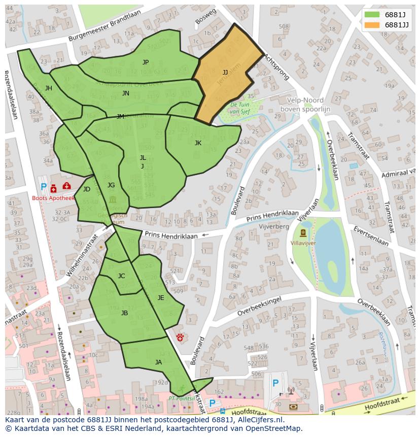 Afbeelding van het postcodegebied 6881 JJ op de kaart.