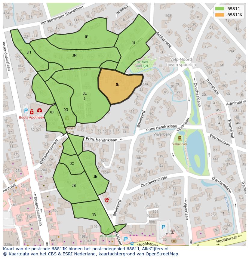 Afbeelding van het postcodegebied 6881 JK op de kaart.