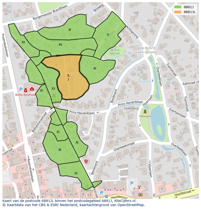 Afbeelding van het postcodegebied 6881 JL op de kaart.