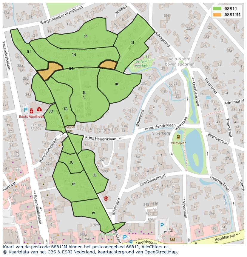 Afbeelding van het postcodegebied 6881 JM op de kaart.