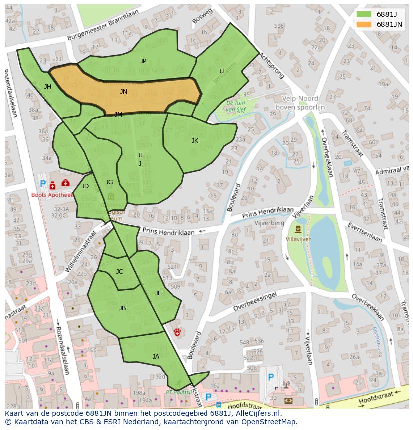 Afbeelding van het postcodegebied 6881 JN op de kaart.