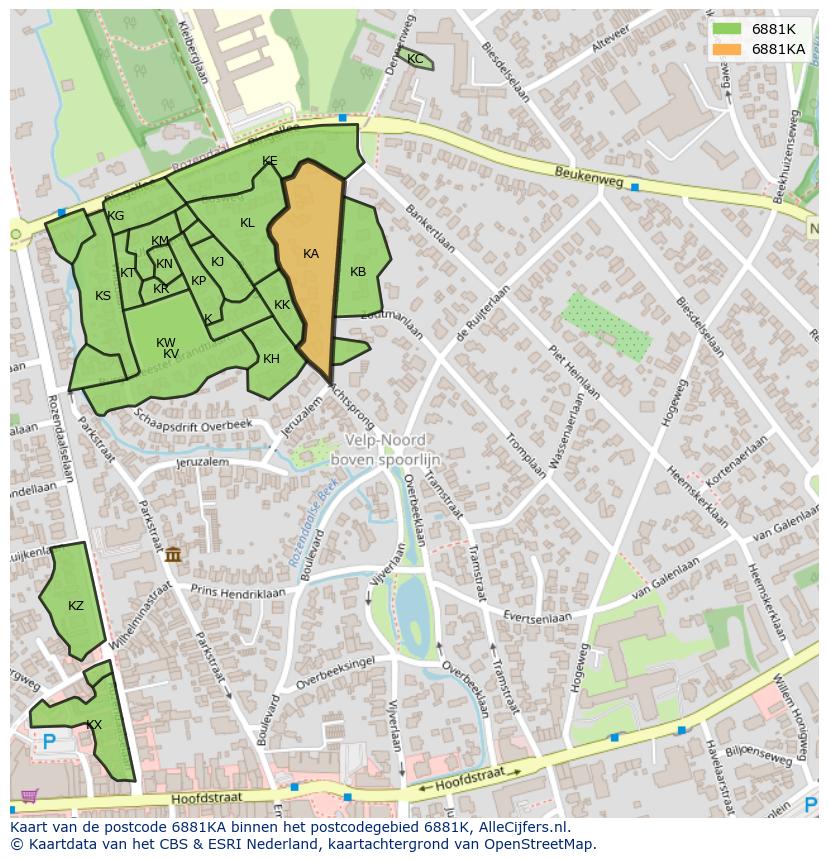 Afbeelding van het postcodegebied 6881 KA op de kaart.