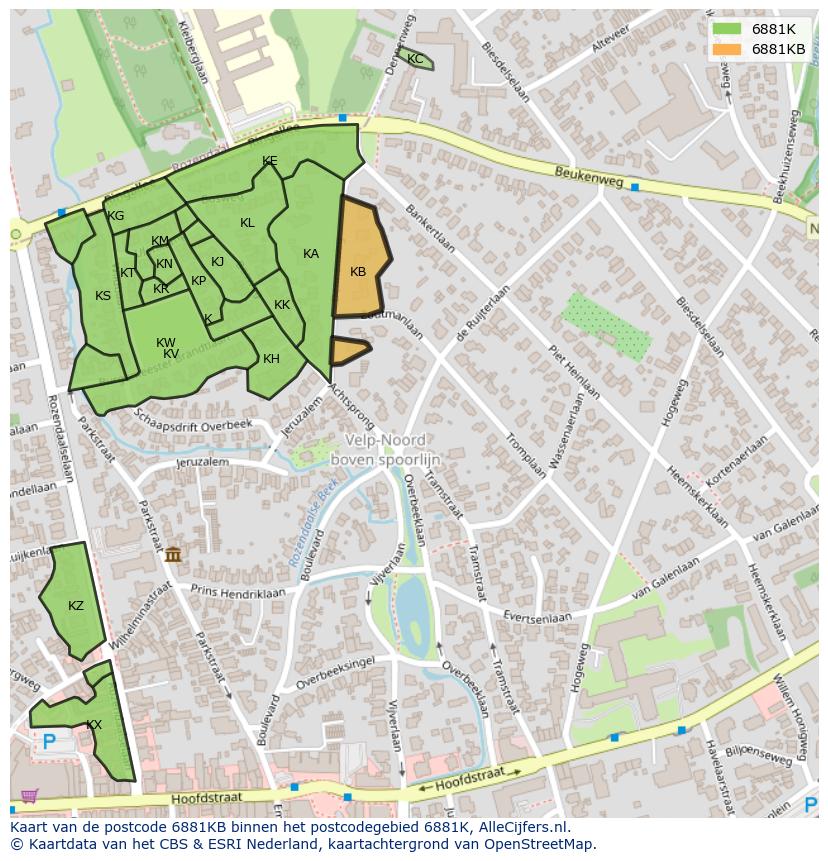 Afbeelding van het postcodegebied 6881 KB op de kaart.