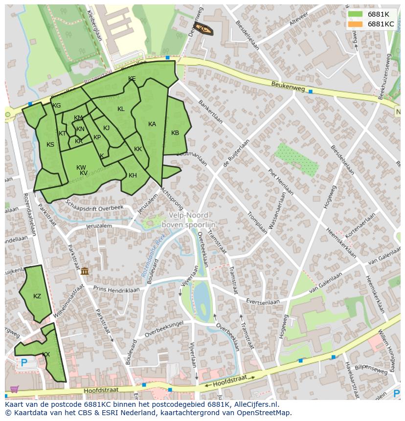 Afbeelding van het postcodegebied 6881 KC op de kaart.