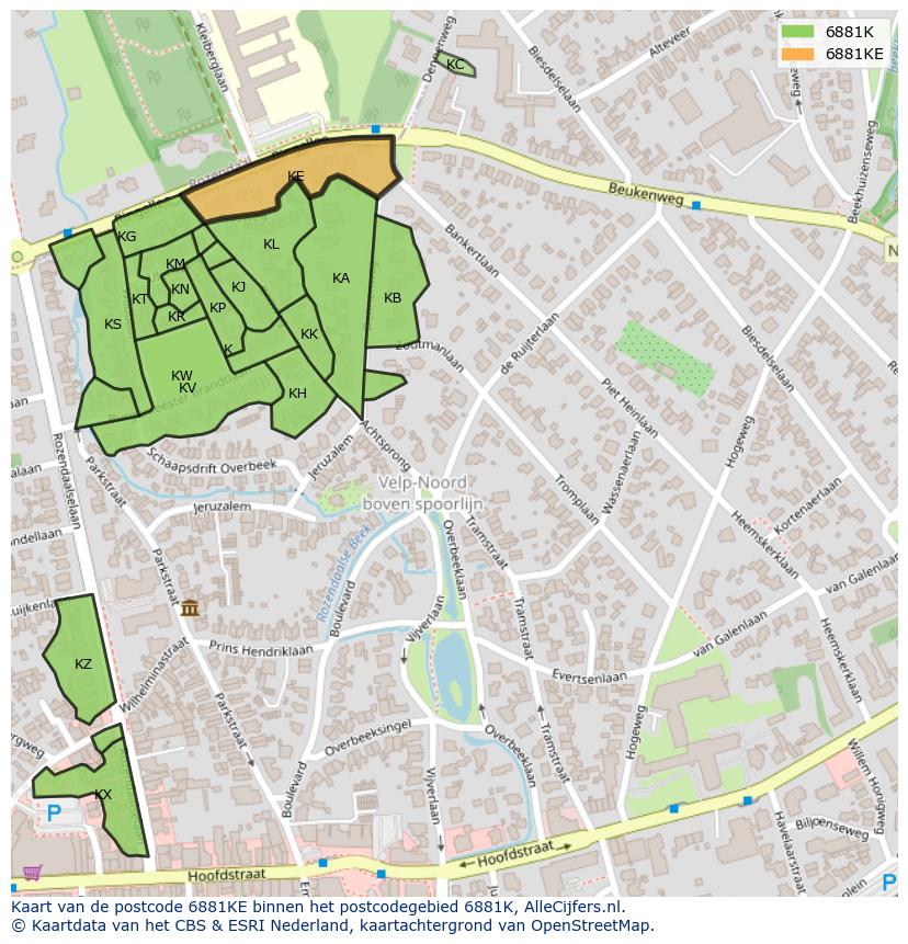 Afbeelding van het postcodegebied 6881 KE op de kaart.