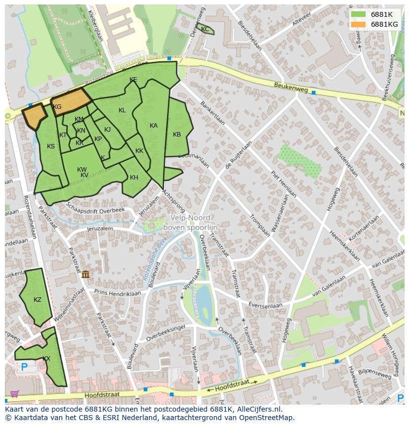 Afbeelding van het postcodegebied 6881 KG op de kaart.