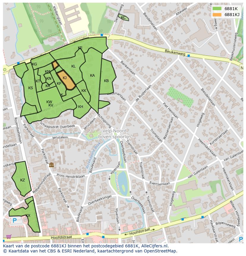 Afbeelding van het postcodegebied 6881 KJ op de kaart.