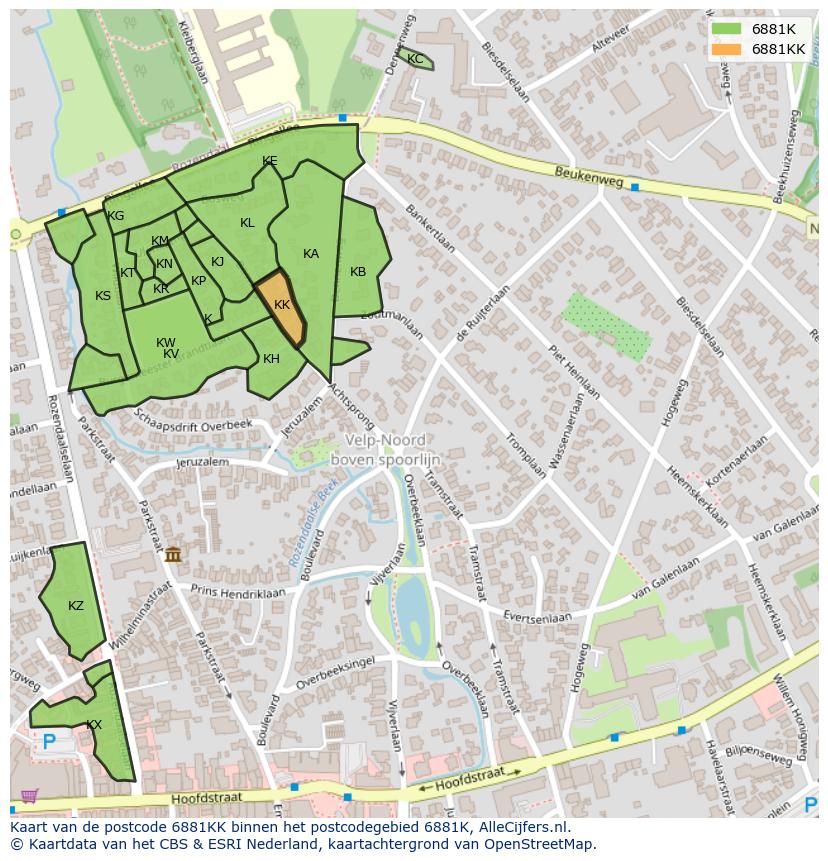 Afbeelding van het postcodegebied 6881 KK op de kaart.