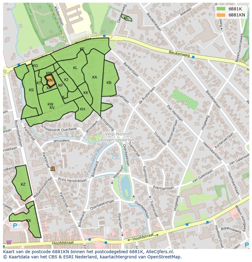 Afbeelding van het postcodegebied 6881 KN op de kaart.