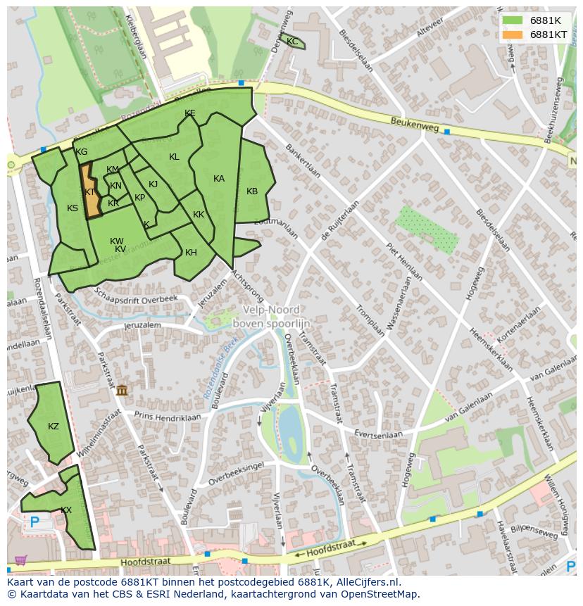 Afbeelding van het postcodegebied 6881 KT op de kaart.