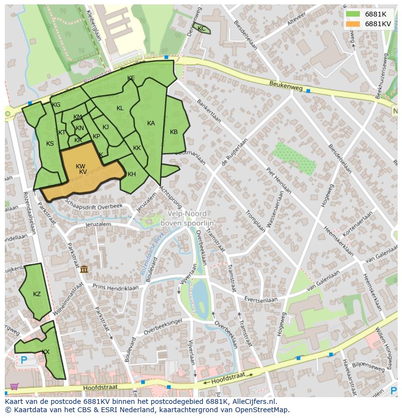 Afbeelding van het postcodegebied 6881 KV op de kaart.