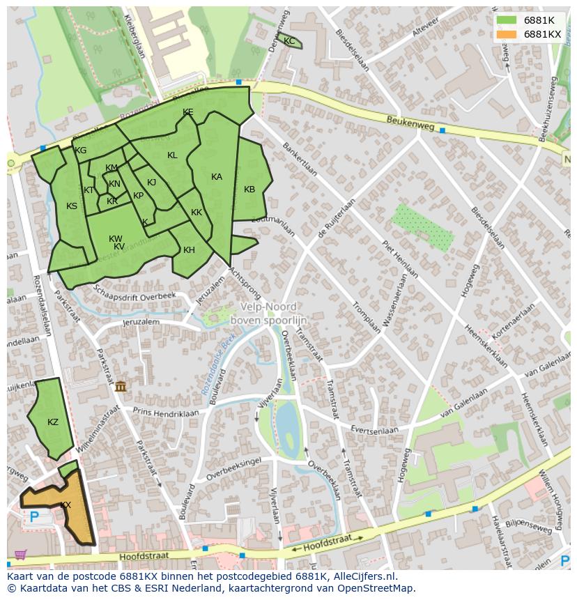 Afbeelding van het postcodegebied 6881 KX op de kaart.