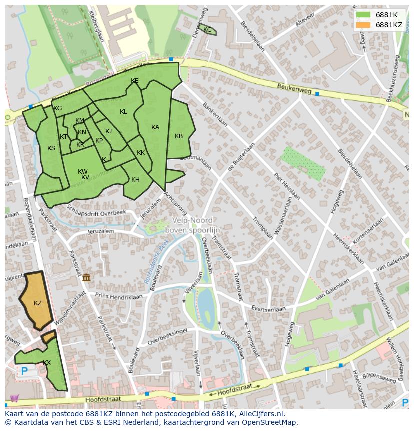 Afbeelding van het postcodegebied 6881 KZ op de kaart.