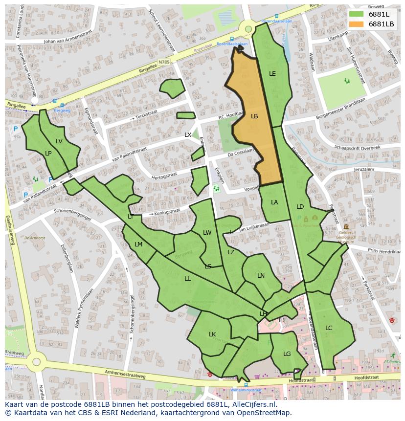 Afbeelding van het postcodegebied 6881 LB op de kaart.