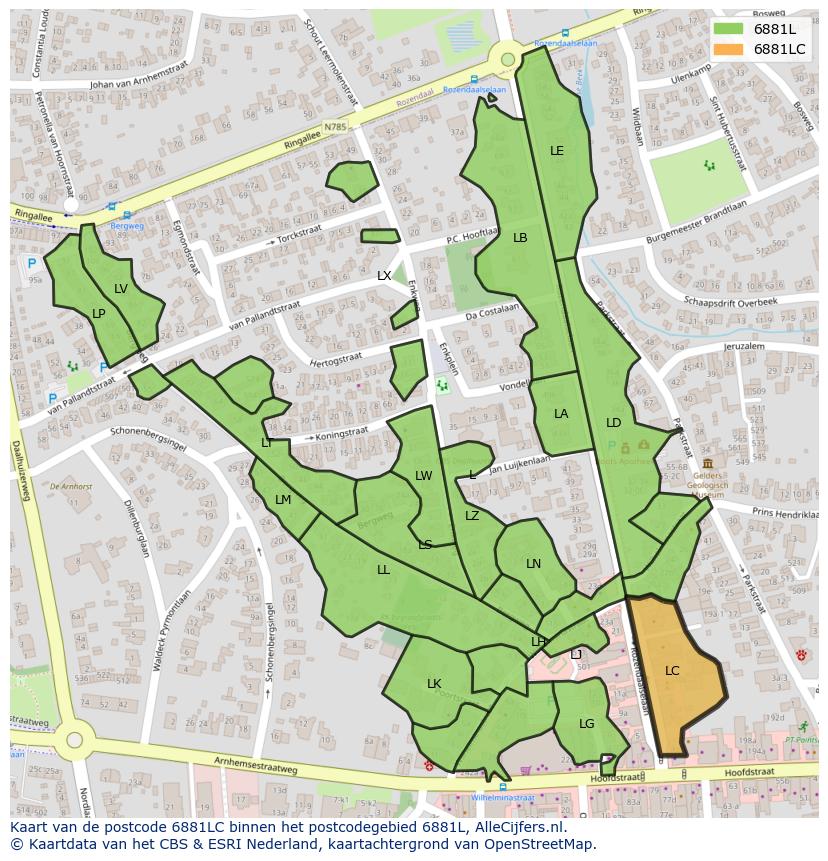 Afbeelding van het postcodegebied 6881 LC op de kaart.