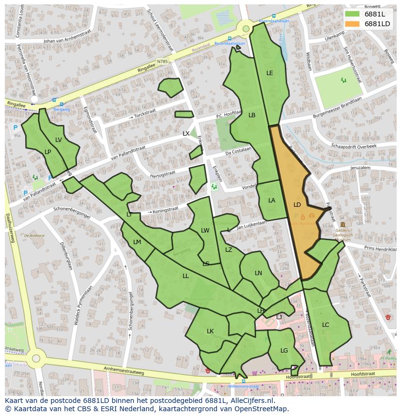 Afbeelding van het postcodegebied 6881 LD op de kaart.