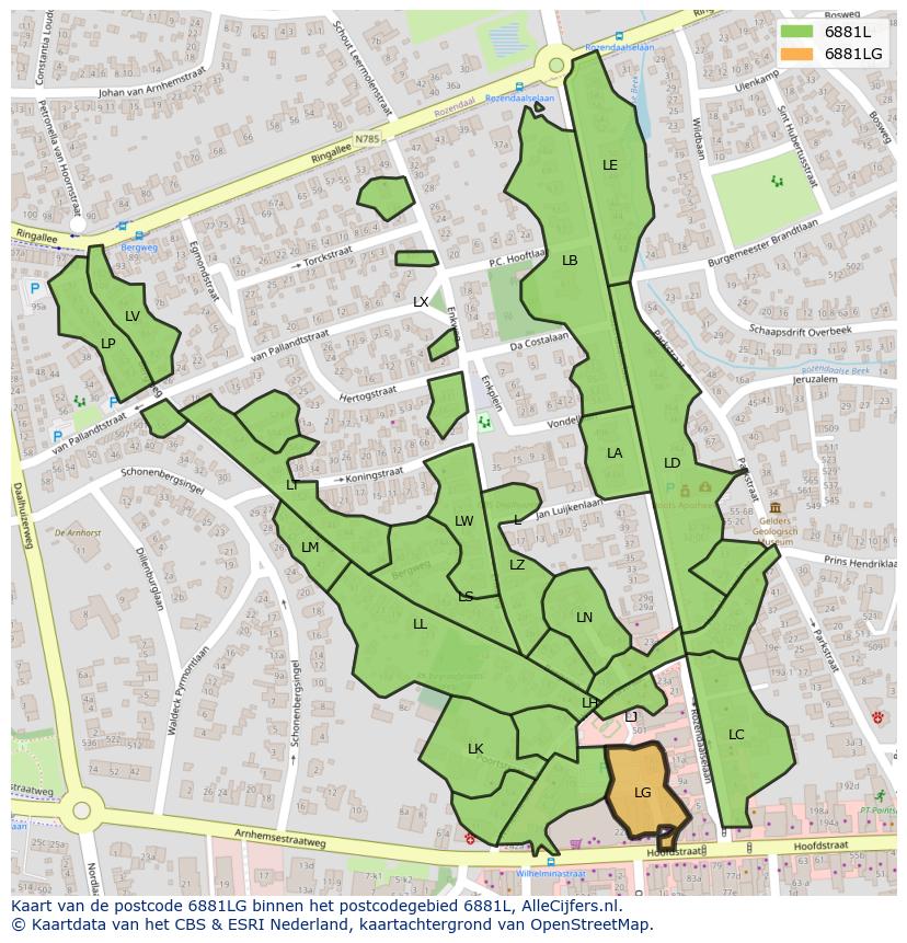 Afbeelding van het postcodegebied 6881 LG op de kaart.