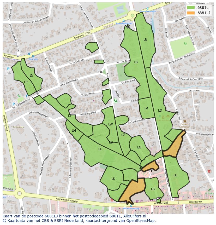 Afbeelding van het postcodegebied 6881 LJ op de kaart.