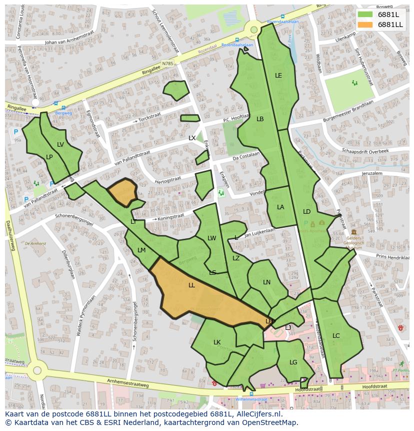 Afbeelding van het postcodegebied 6881 LL op de kaart.