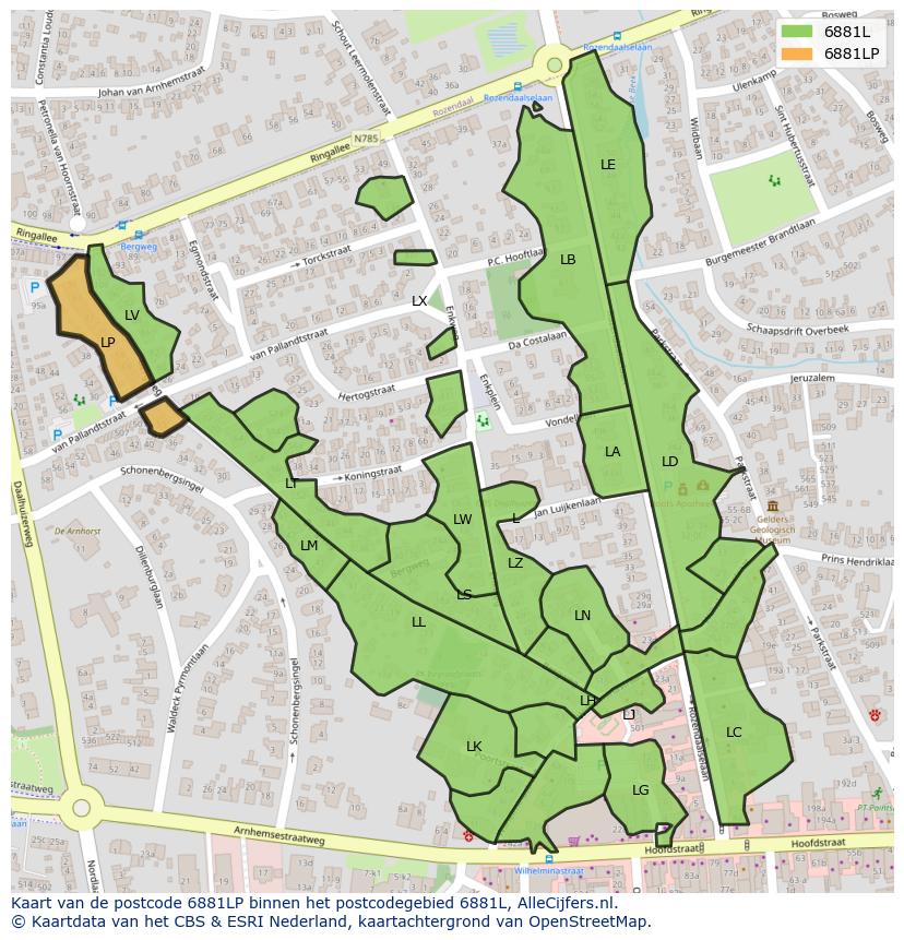 Afbeelding van het postcodegebied 6881 LP op de kaart.