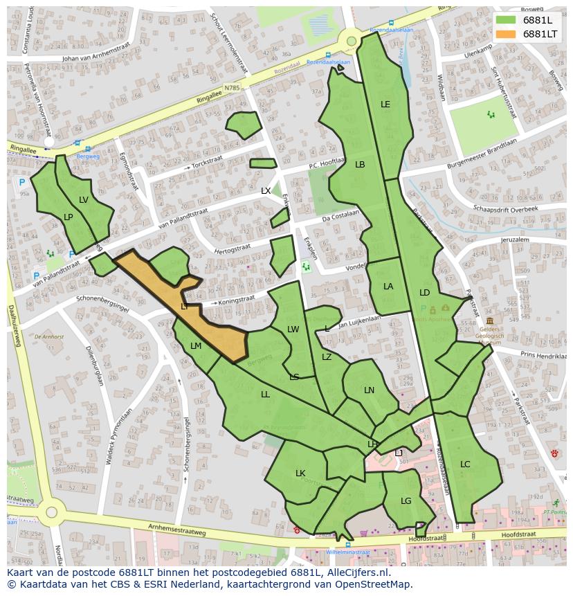 Afbeelding van het postcodegebied 6881 LT op de kaart.