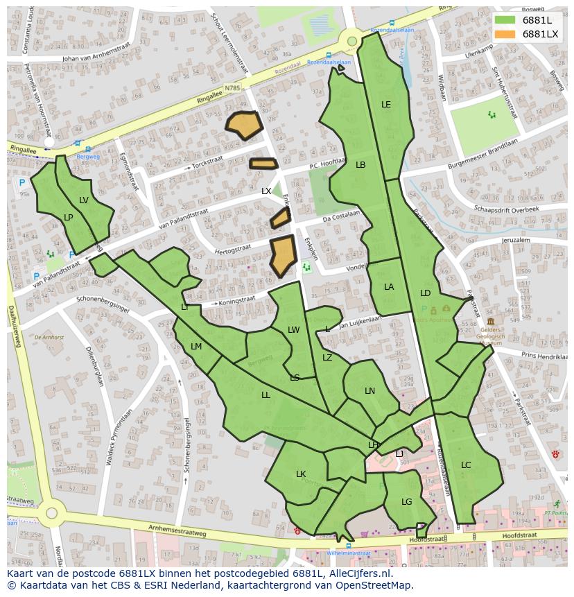 Afbeelding van het postcodegebied 6881 LX op de kaart.
