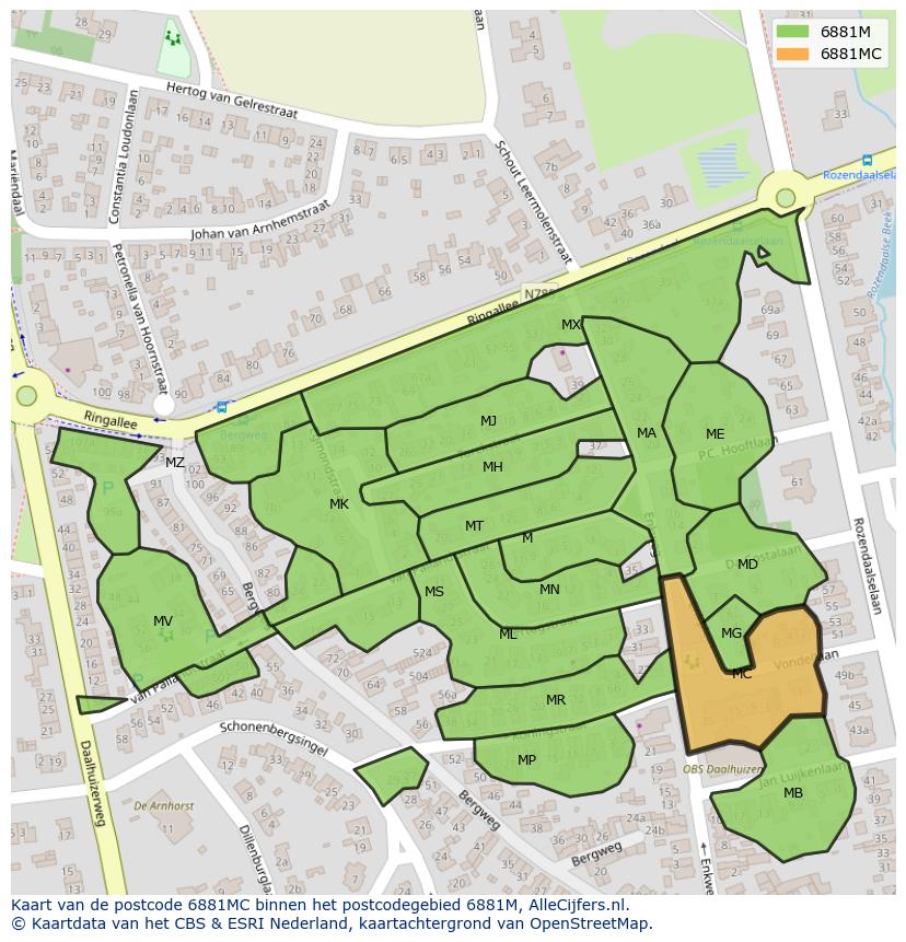 Afbeelding van het postcodegebied 6881 MC op de kaart.