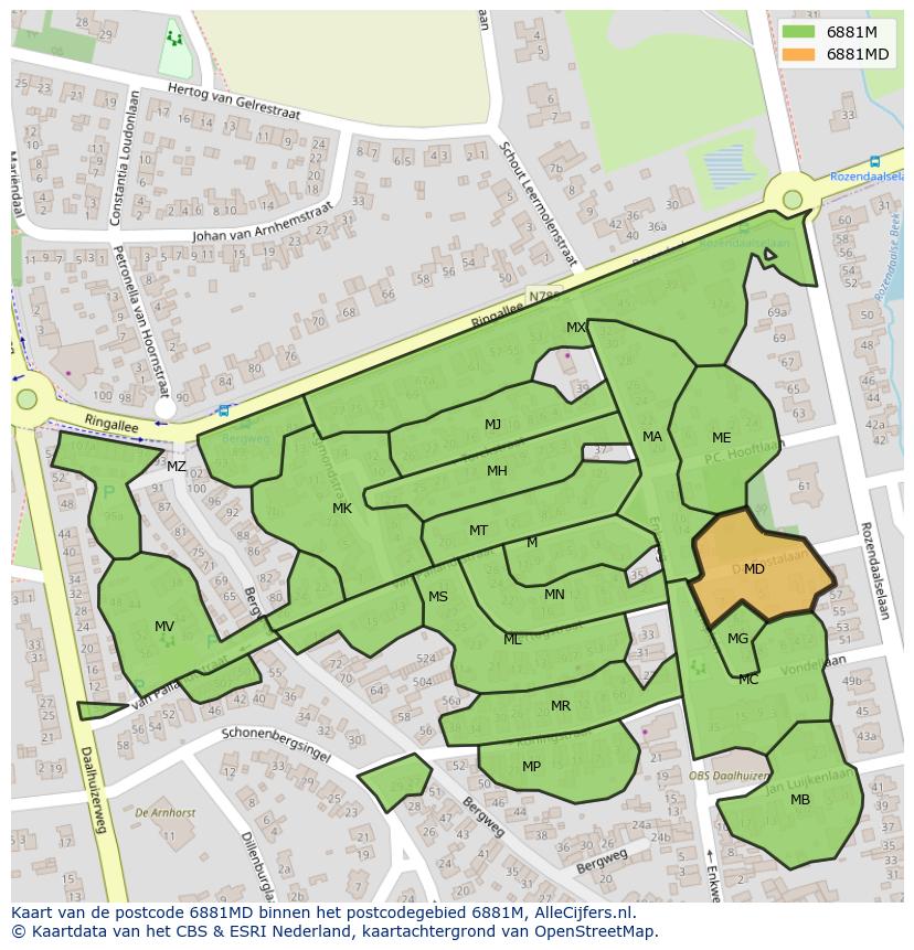 Afbeelding van het postcodegebied 6881 MD op de kaart.