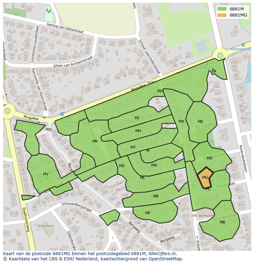 Afbeelding van het postcodegebied 6881 MG op de kaart.