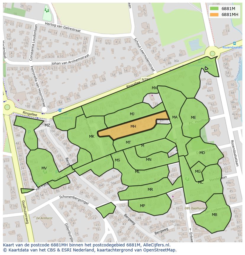 Afbeelding van het postcodegebied 6881 MH op de kaart.