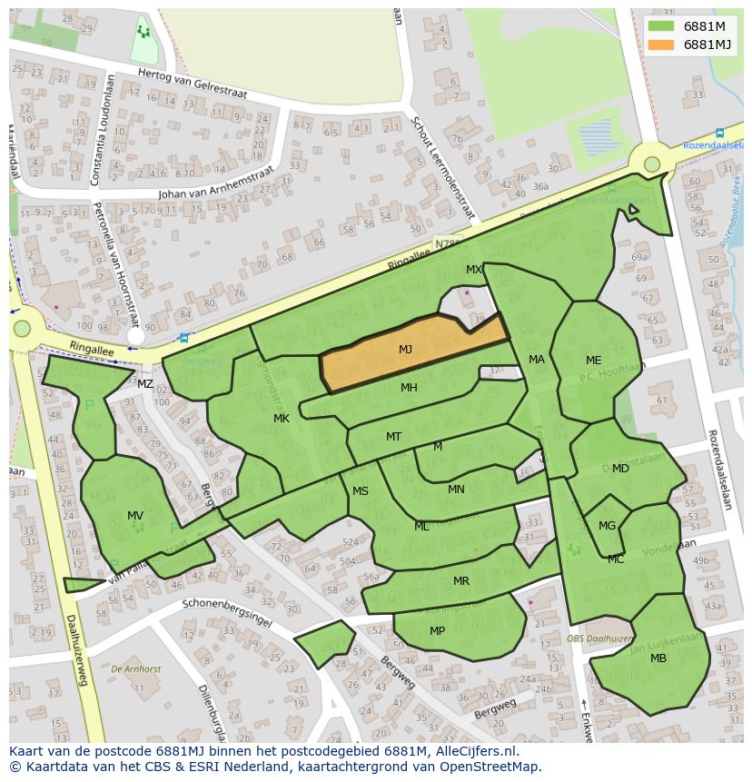 Afbeelding van het postcodegebied 6881 MJ op de kaart.