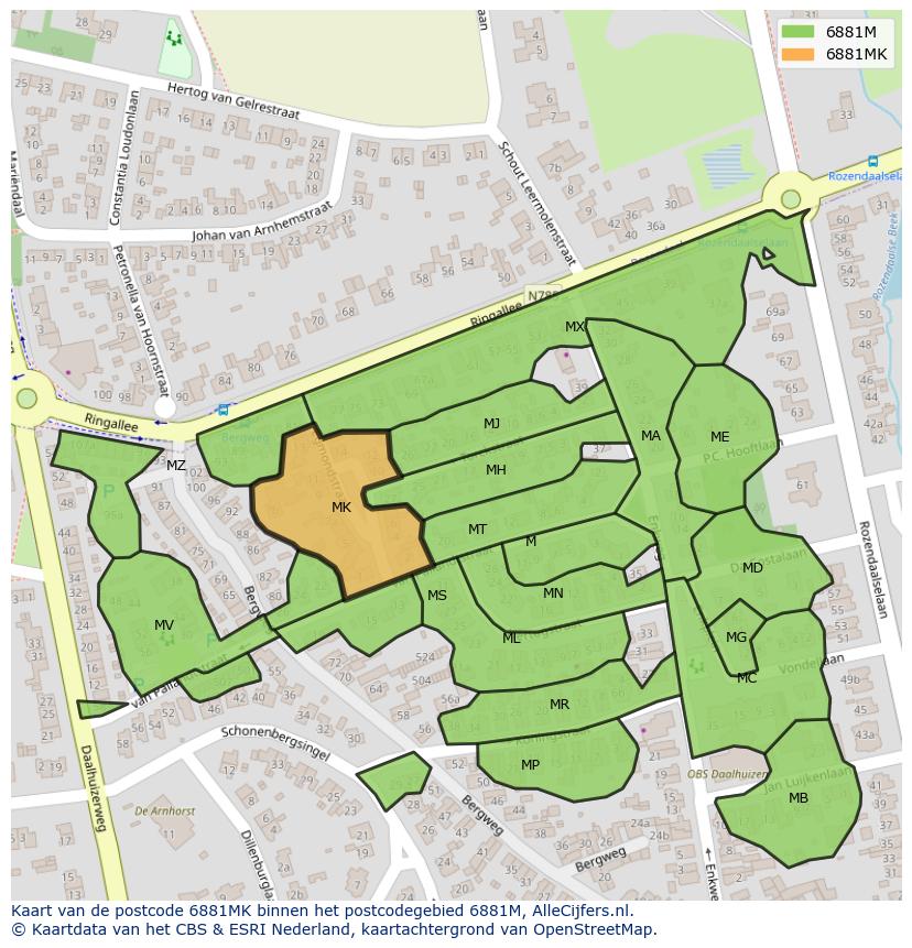 Afbeelding van het postcodegebied 6881 MK op de kaart.