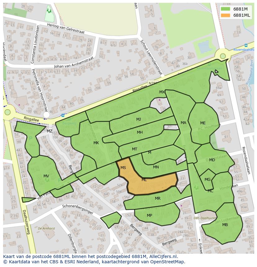 Afbeelding van het postcodegebied 6881 ML op de kaart.
