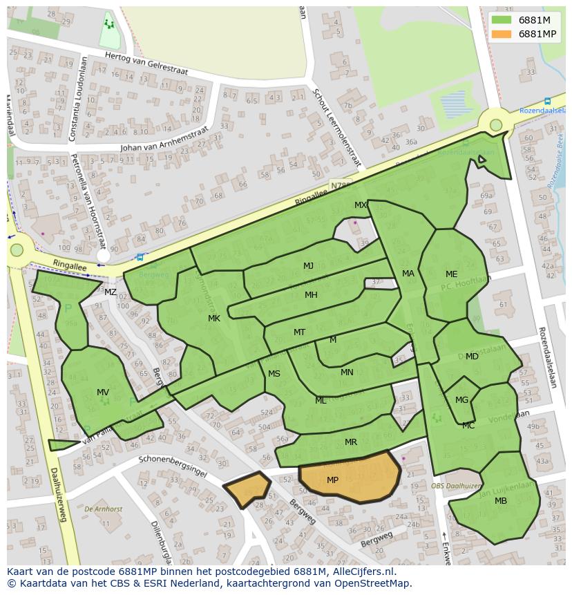 Afbeelding van het postcodegebied 6881 MP op de kaart.