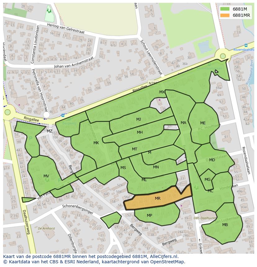Afbeelding van het postcodegebied 6881 MR op de kaart.