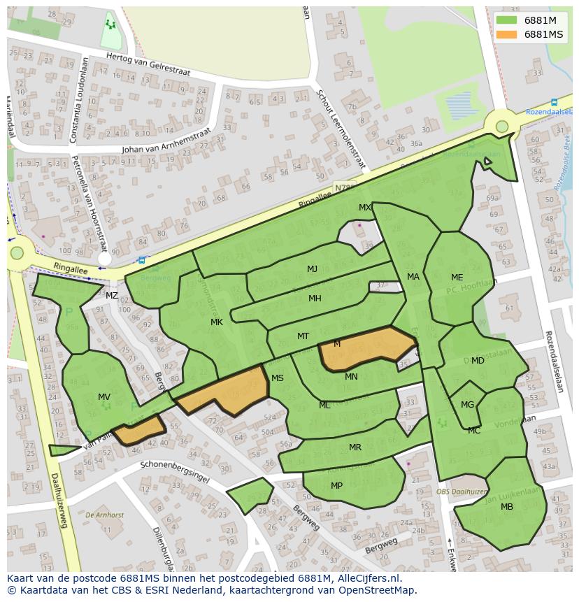 Afbeelding van het postcodegebied 6881 MS op de kaart.