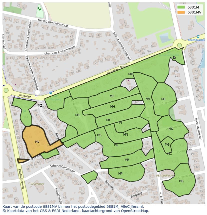 Afbeelding van het postcodegebied 6881 MV op de kaart.