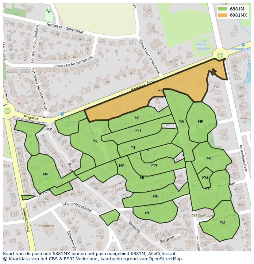 Afbeelding van het postcodegebied 6881 MX op de kaart.