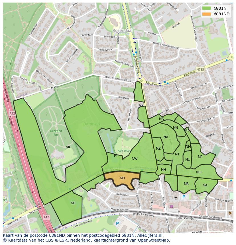 Afbeelding van het postcodegebied 6881 ND op de kaart.