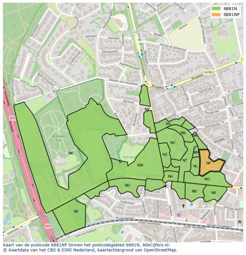 Afbeelding van het postcodegebied 6881 NP op de kaart.