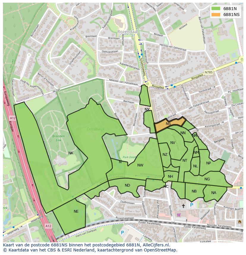 Afbeelding van het postcodegebied 6881 NS op de kaart.