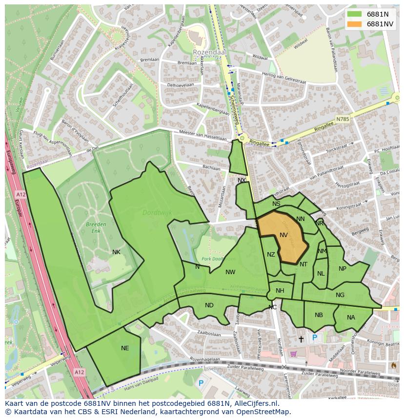 Afbeelding van het postcodegebied 6881 NV op de kaart.