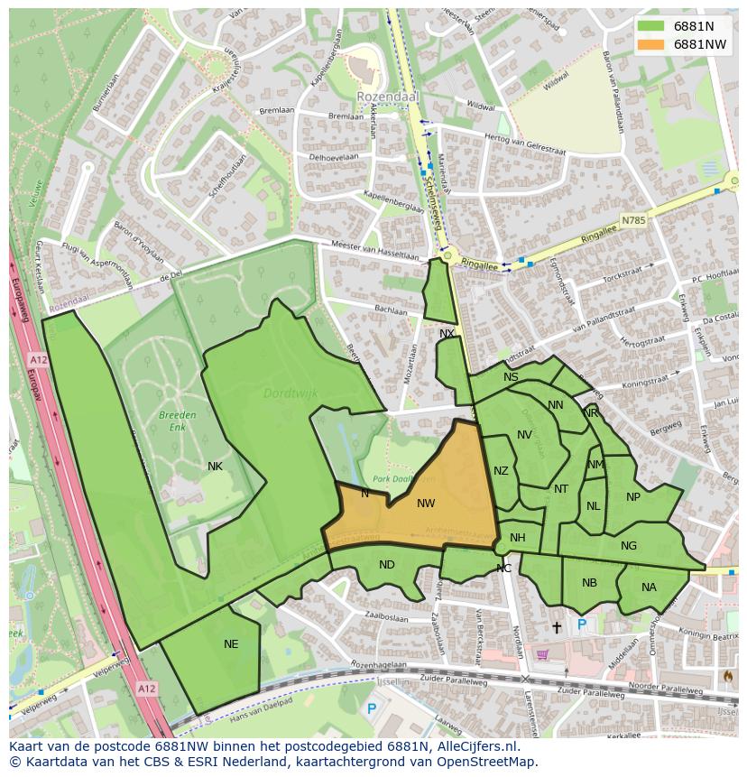 Afbeelding van het postcodegebied 6881 NW op de kaart.
