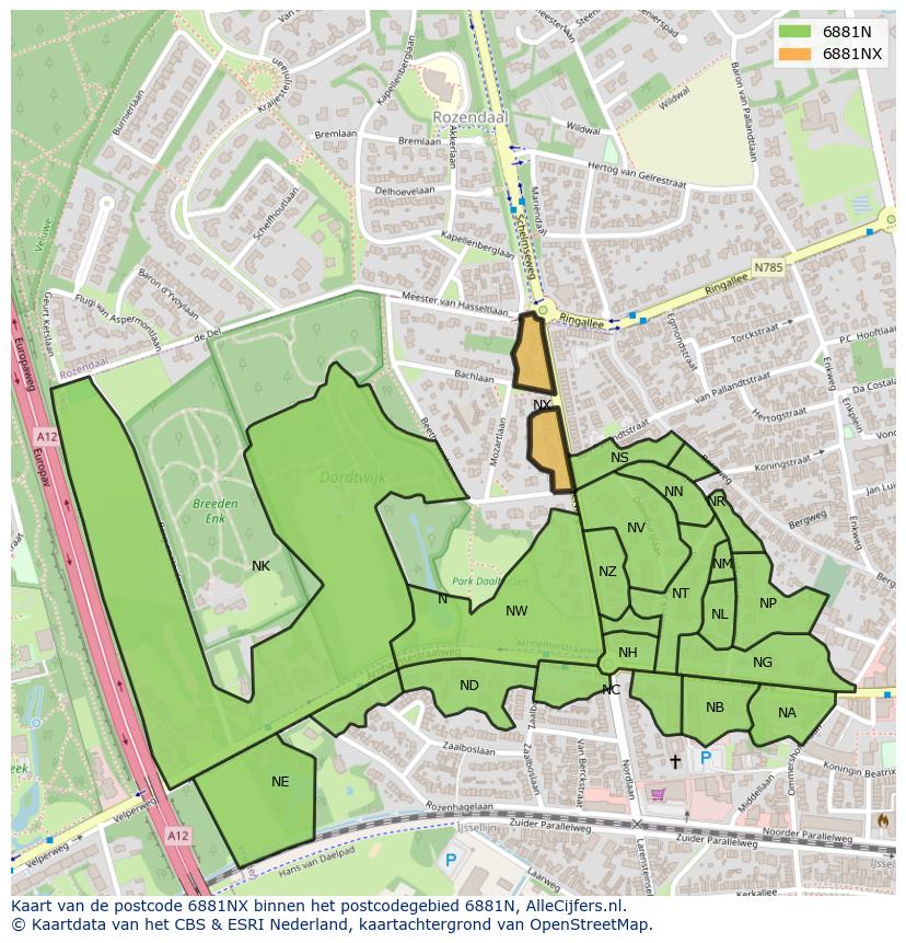 Afbeelding van het postcodegebied 6881 NX op de kaart.