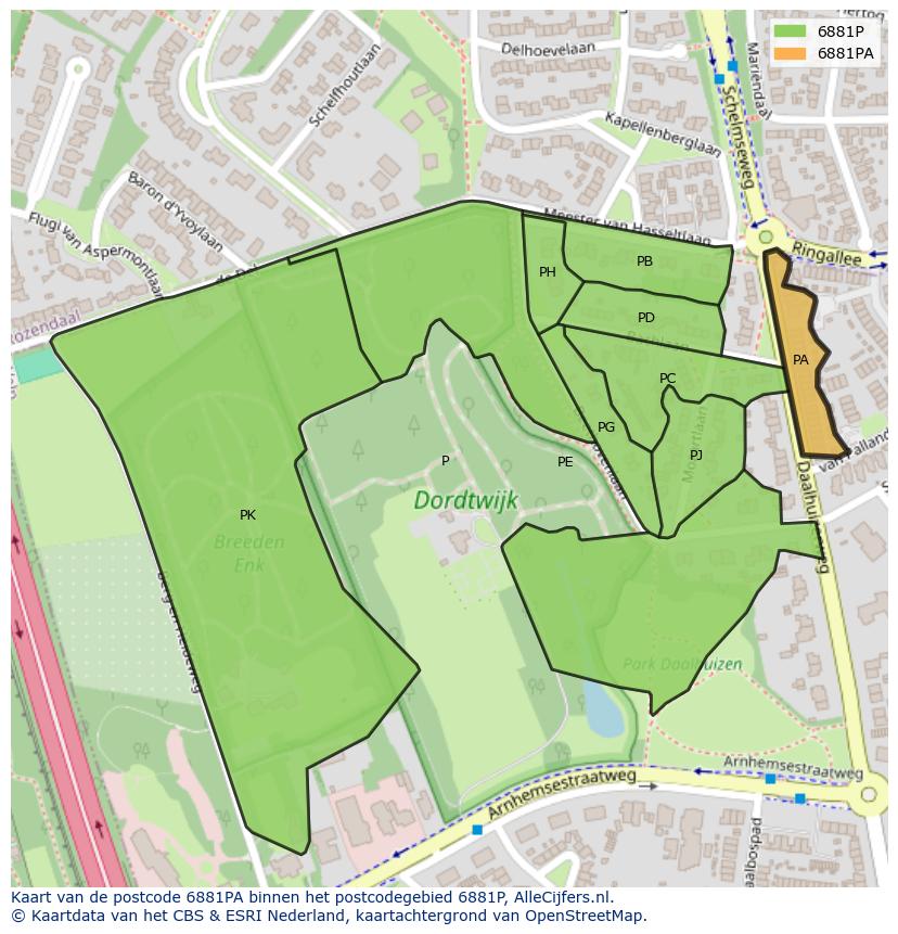 Afbeelding van het postcodegebied 6881 PA op de kaart.