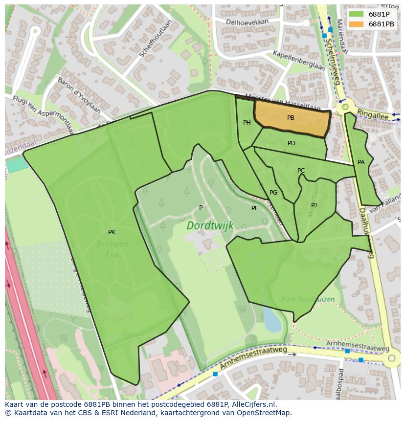 Afbeelding van het postcodegebied 6881 PB op de kaart.
