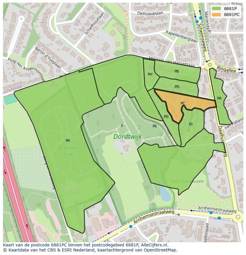Afbeelding van het postcodegebied 6881 PC op de kaart.
