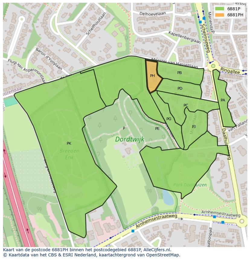 Afbeelding van het postcodegebied 6881 PH op de kaart.