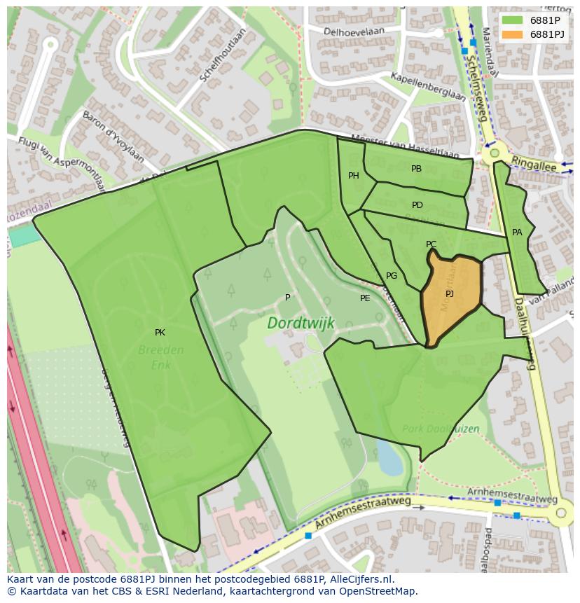 Afbeelding van het postcodegebied 6881 PJ op de kaart.