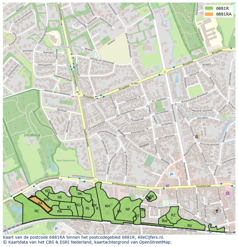 Afbeelding van het postcodegebied 6881 RA op de kaart.